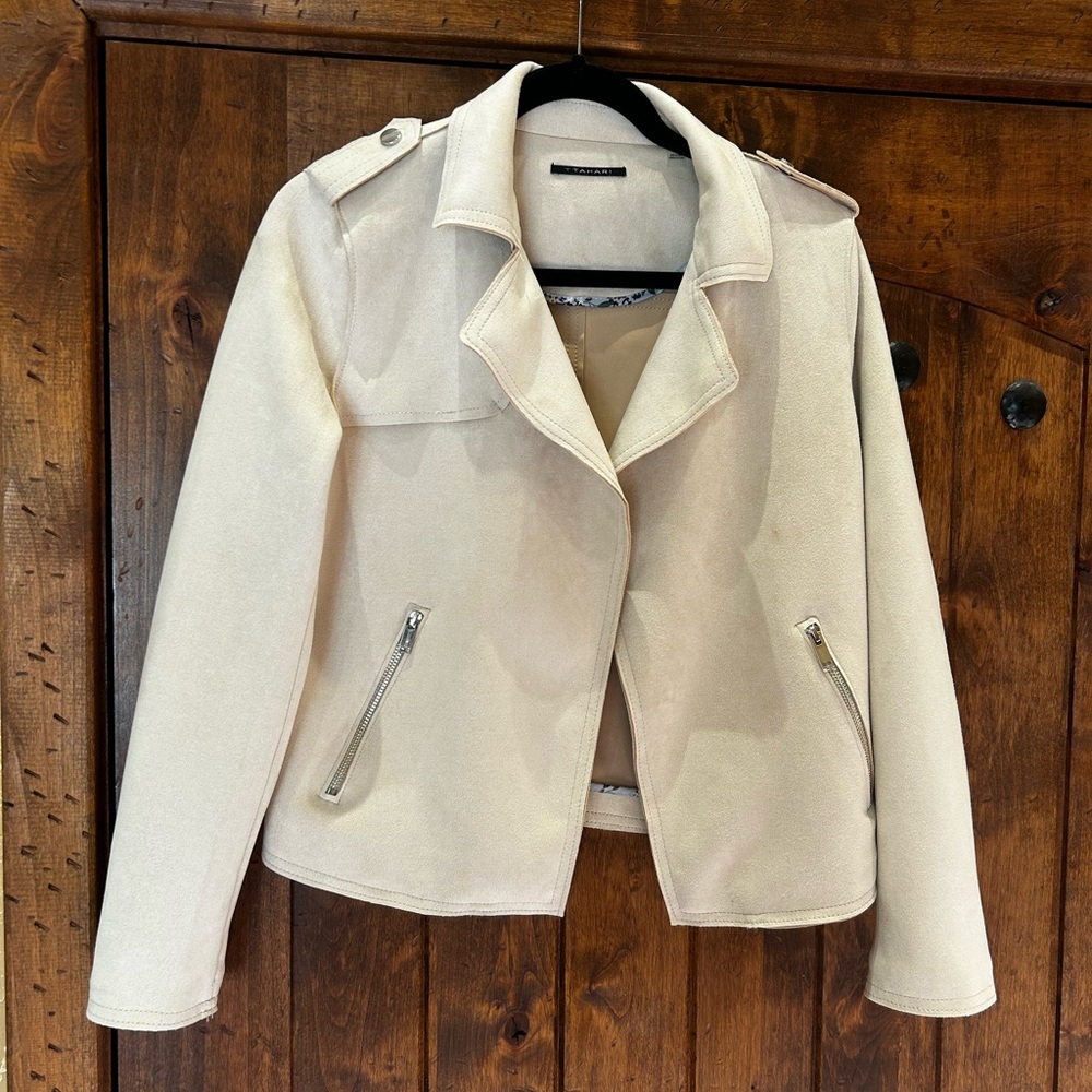 T. TAHARI  Faux Microsuede Moto Cream Jacket Size Small